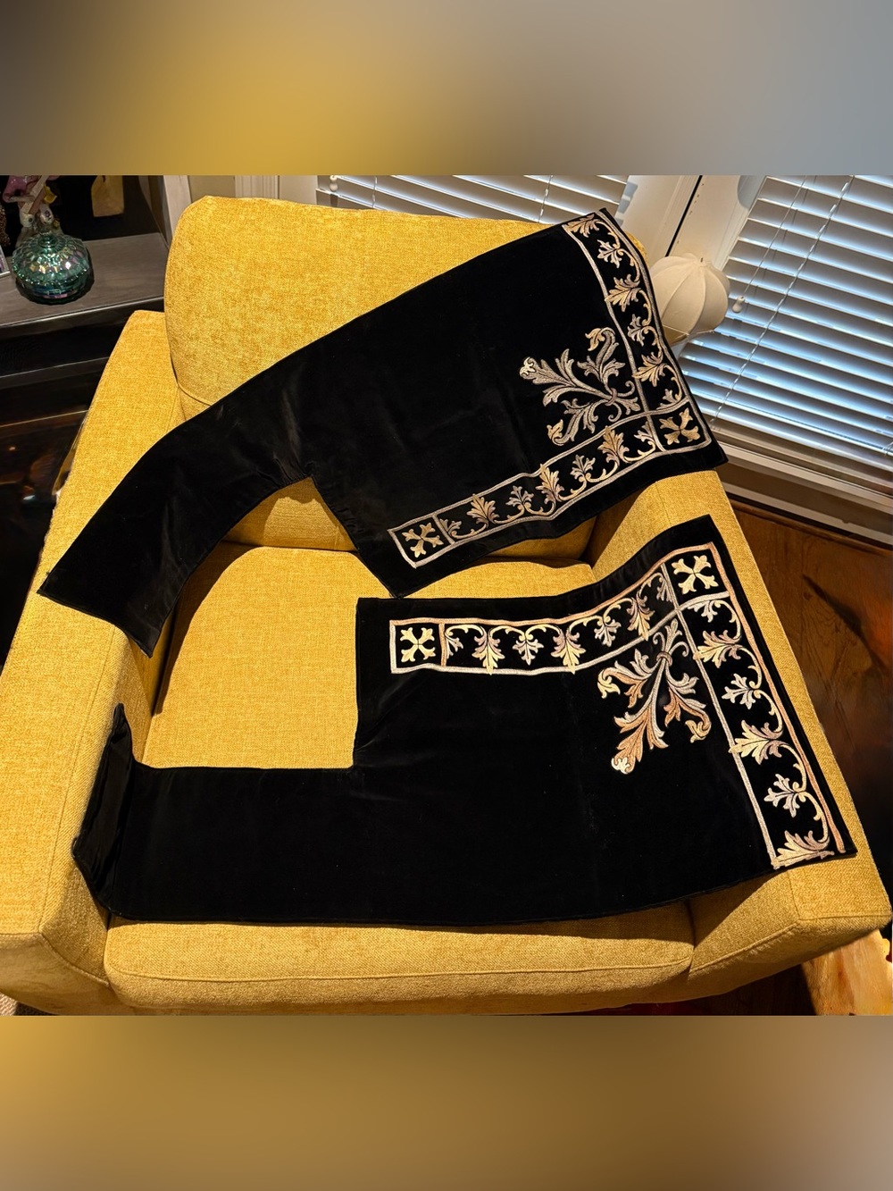 Vintage Black Velvet Gold Metallic Embroidered Altar Cloth Runner Set